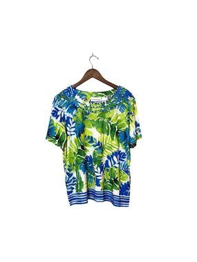 Alfred Dunner Womens Tropical Leaf Print Top With Beaded Neckline Size L resort